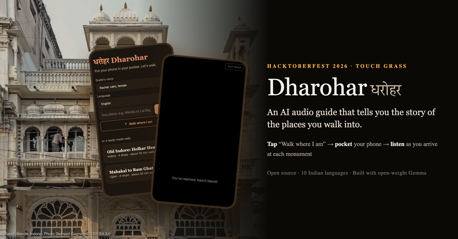 Dharohar banner: the app over a photo of Kanch Mandir, Indore